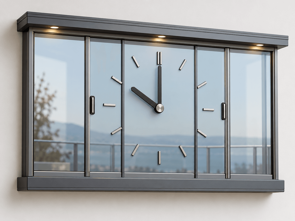 Pikas Group için cam balkon biçiminde tasarlanmış promosyon duvar saati; saat 10:00